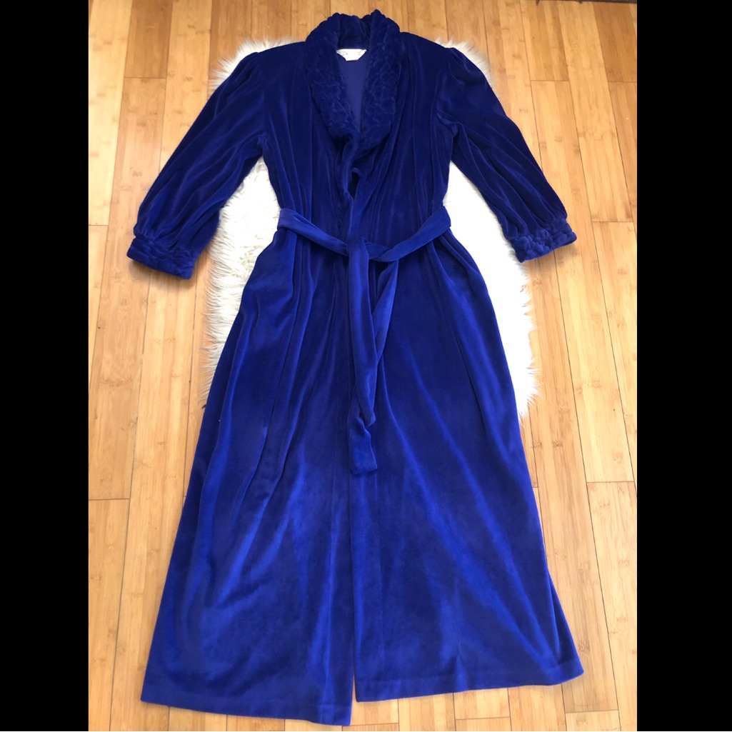 Vintage Diamond Tea Velvet Puff Collar Blue Purple Womens Robe Size L